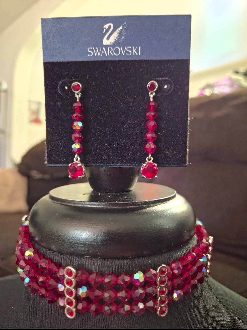 ✨ RARE✨ NWT Vintage 2002 Swarovski Siam Red Crystal Choker & Earrings Set